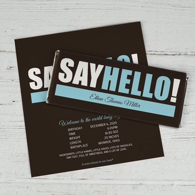 25ct Baby Boy Birth Announcement Favors Personalized Wrappers for Chocolate Bars (25 Pack) - Say Hello!