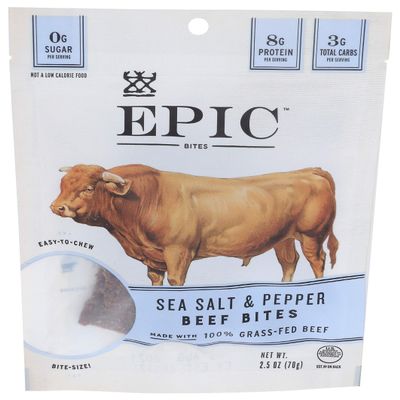 EPIC Beef Sea Salt Pepper Bites, Jerky, Keto Friendly, Whole30, 2.5 oz Pouch