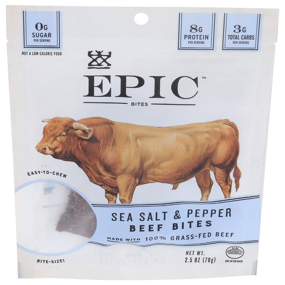 EPIC Beef Sea Salt Pepper Bites, Jerky, Keto Friendly, Whole30, 2.5 oz Pouch