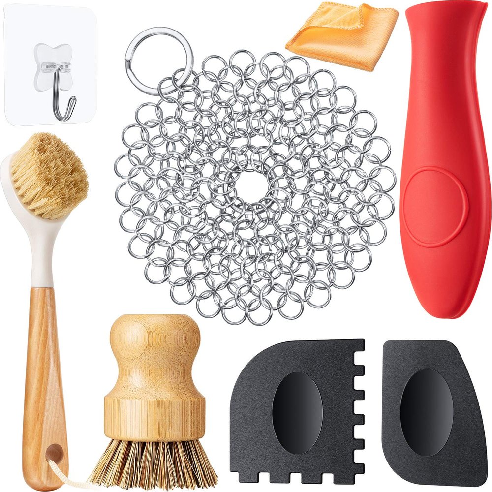 Patelai 8 Pieces Cast Iron Skillet Cleaner Care Kit Include Chainmail Scrubber, Bamboo Handle Dish Brush, Scrub Brushes, Pan Grill Scrapers for Cleaning Cast Iron Skillets, Pot & Pans(Orange)