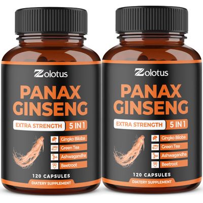 Zolotus Korean Red Panax Ginseng + Ginkgo Biloba, Ashwagandha, Beetroot, Green Tea - 120 Capsules (Pack of 2)