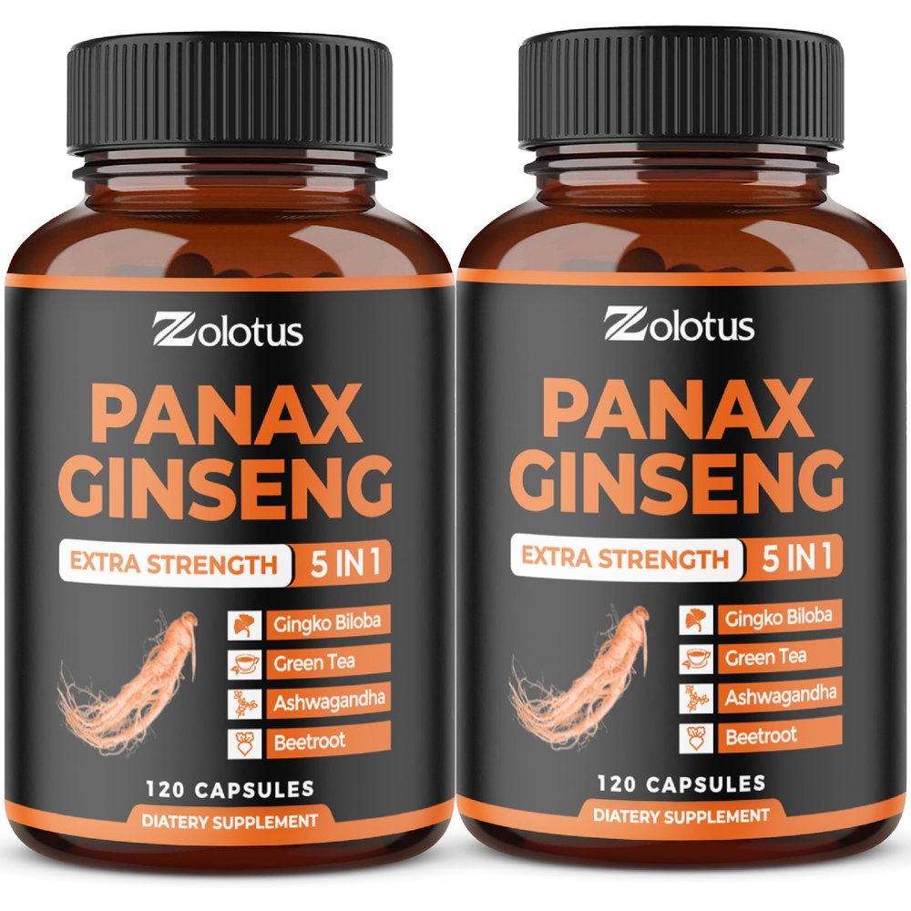 Zolotus Korean Red Panax Ginseng + Ginkgo Biloba, Ashwagandha, Beetroot, Green Tea - 120 Capsules (Pack of 2)
