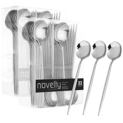 Novelty Modern Flatware, Cutlery, Disposable Plastic Soup Spoons Luxury Silver 64 Count