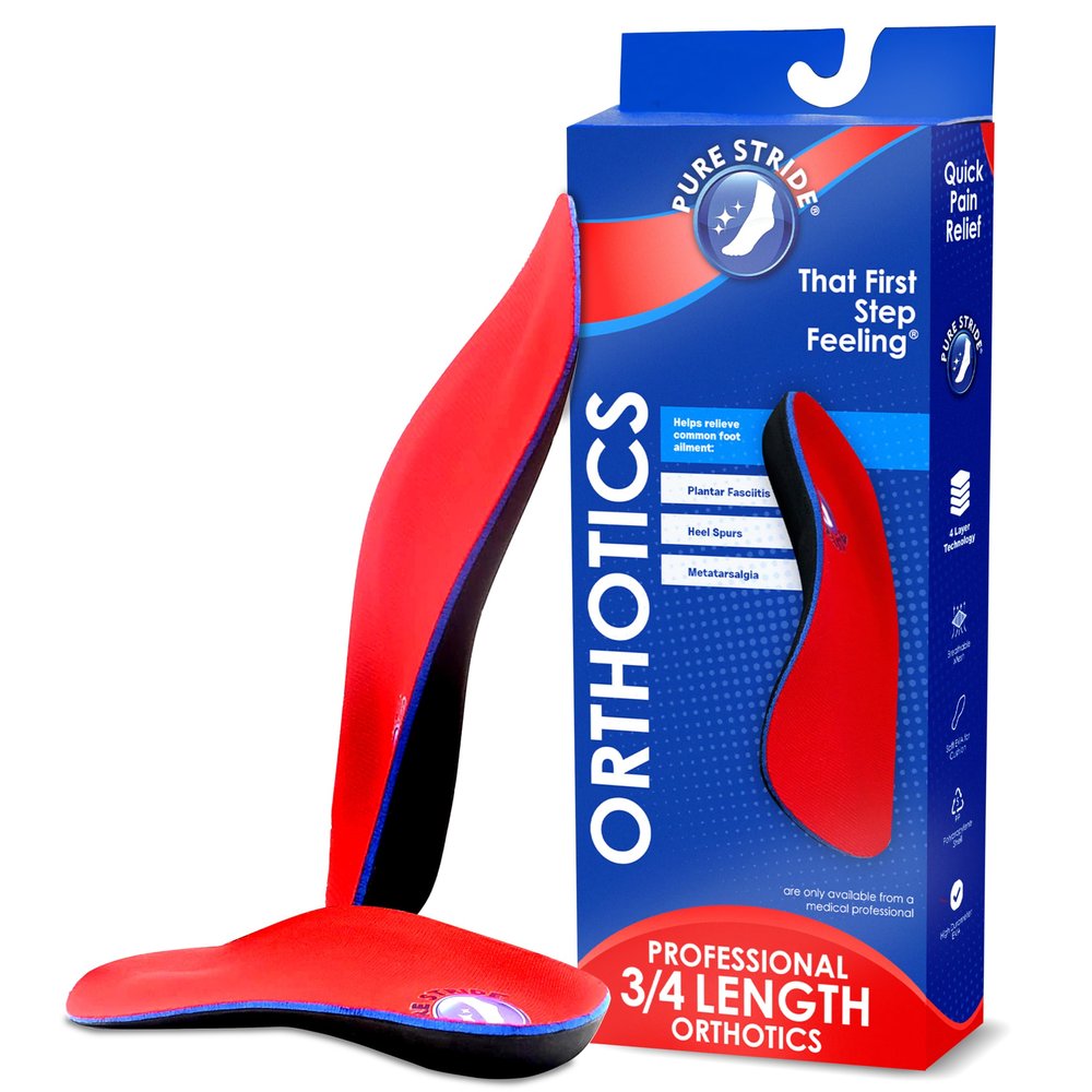 Pure Stride Professional 3/4 Length Orthotics - Shoe Insole & Support for Metatarsals, High Arch, Flat Feet - Pain Relief for Plantar Fasciitis, Arch, Heel - 1 Pair, Men's 9-9.5 / Women's 11-11.5