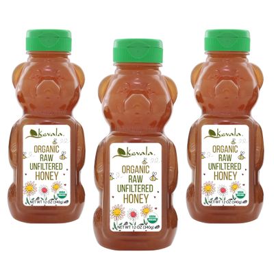 Kevala Organic Raw Unfiltered Honey Bear - Gluten Free Sweetener with No Sugar Added, Maple Syrup Substitute for Pancakes and Waffles, Squeezable Bottle for Easy Use, Raw Honey, 12 oz (3pack)