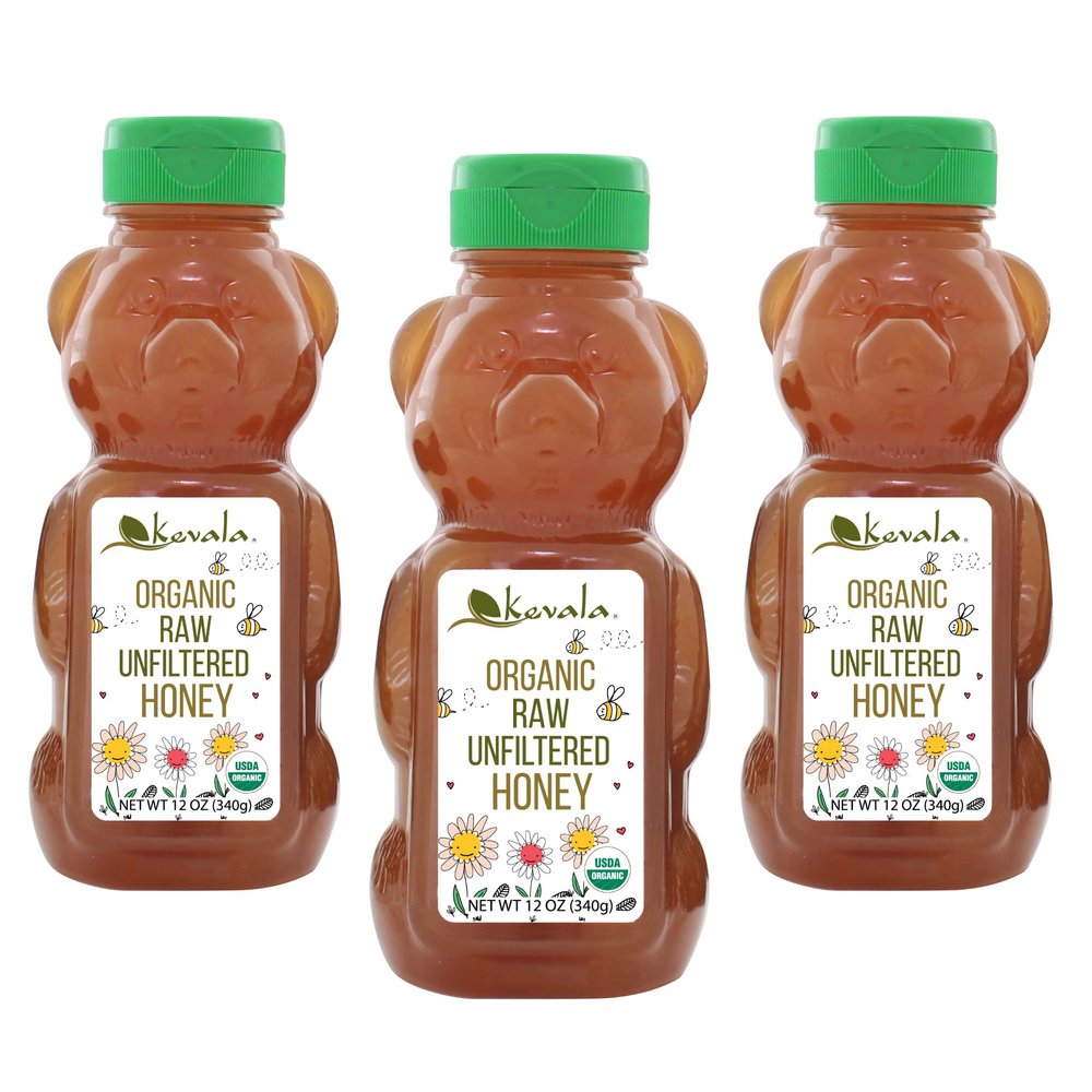 Kevala Organic Raw Unfiltered Honey Bear - Gluten Free Sweetener with No Sugar Added, Maple Syrup Substitute for Pancakes and Waffles, Squeezable Bottle for Easy Use, Raw Honey, 12 oz (3pack)