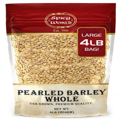 Spicy World Pearl Barley (Whole) Grain 4 LB Jumbo Bag - USA Grown (64oz) - All Natural, Non-GMO Source, Resealable