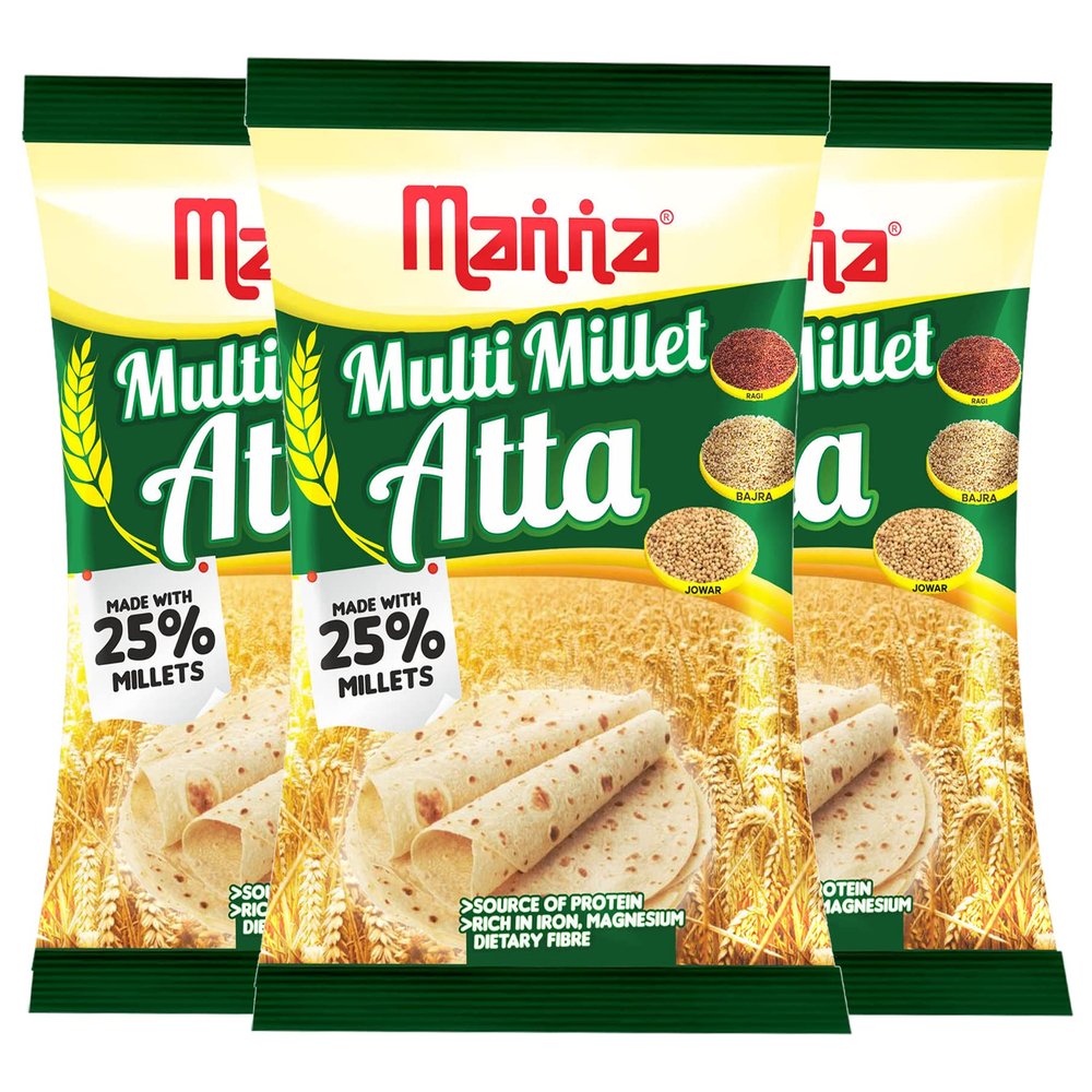 Manna Multi Millet Atta / MultiGrain Atta with 25% Millets, 3kgs (1kg x 3 Packs) Natural Flour.Nutrient Powerhouse