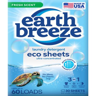 Earth Breeze Laundry Detergent Sheets Fresh Scent - 60 Loads Eco Liquidless Soap - Travel-Friendly for Hot & Cold Cycles, Tackles Tough Stains & Odors - Gentle on Skin, 30 Ct
