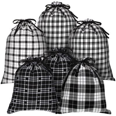 Weewooday 6 Pcs Christmas Drawstring Gift Bag Reusable Cotton Buffalo Plaid Bag Sack Xmas Red Black Wrapping Storage Christmas Candy Goodie Holiday Party, 2 Size(White Black Plaid)