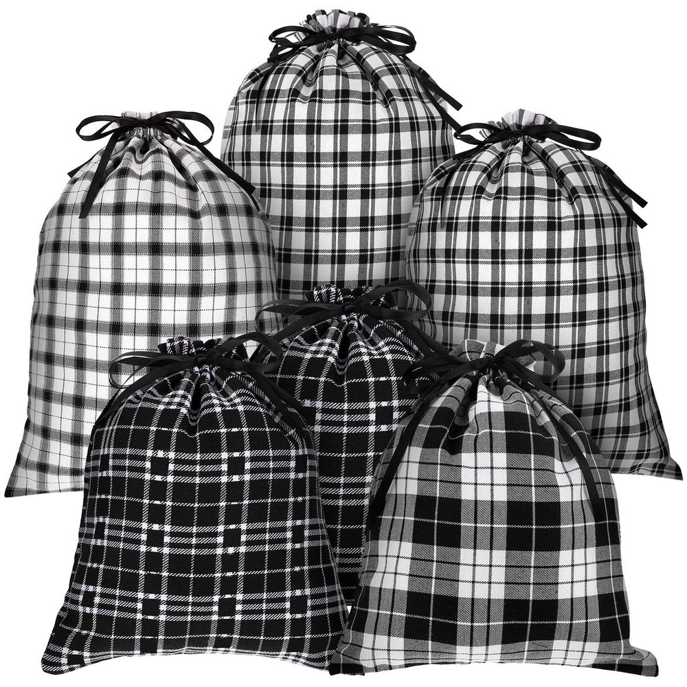 Weewooday 6 Pcs Christmas Drawstring Gift Bag Reusable Cotton Buffalo Plaid Bag Sack Xmas Red Black Wrapping Storage Christmas Candy Goodie Holiday Party, 2 Size(White Black Plaid)