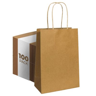 PTP BAGS Kraft Paper Bags 5.75" x 3.25" x 8.3" - 100 GSM Recyclable Tote with Reinforced Handles for Party Favors, Jewelry, Cosmetics, Treats, Bakery Items, Coffee Shop, Wedding - Brown, 100 Pack
