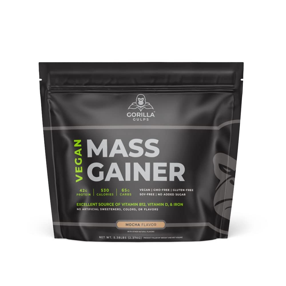 Gorilla Gulps  Mocha Vegan Mass Gainer  5 lb Natural High Calorie Protein Powder  GMO, Gluten, Dairy, & Soy Free. No Artificial Ingredients  530 Calories  18 Servings