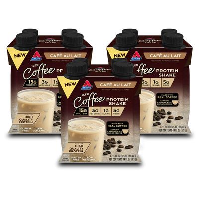 Atkins Caf au Lait Iced Coffee Flavored High Protein Shake, Low Sugar and Low Carb, Keto Friendly, Ready to Drink Protein Drink, Gluten Free, 12 Count