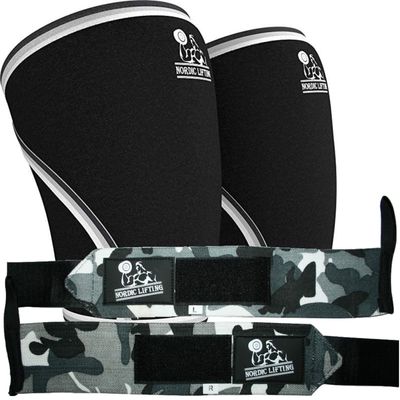 Nordic Lifting Knee Sleeves (1 Pair) Small Black and Wrist Wraps (1 Pair/2 Wraps) Camo Grey