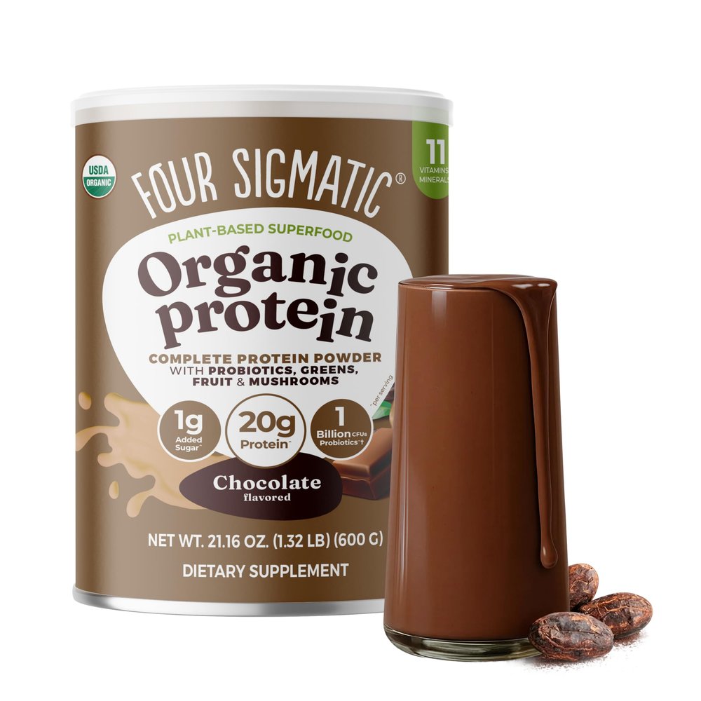 Four Sigmatic Organic Plant-Based Protein Powder | Clean Vegan Protein Elevated with Lions Mane, Chaga, Cordyceps and More for Brain Function and Immune Support | Creamy Cacao, 21.16 oz