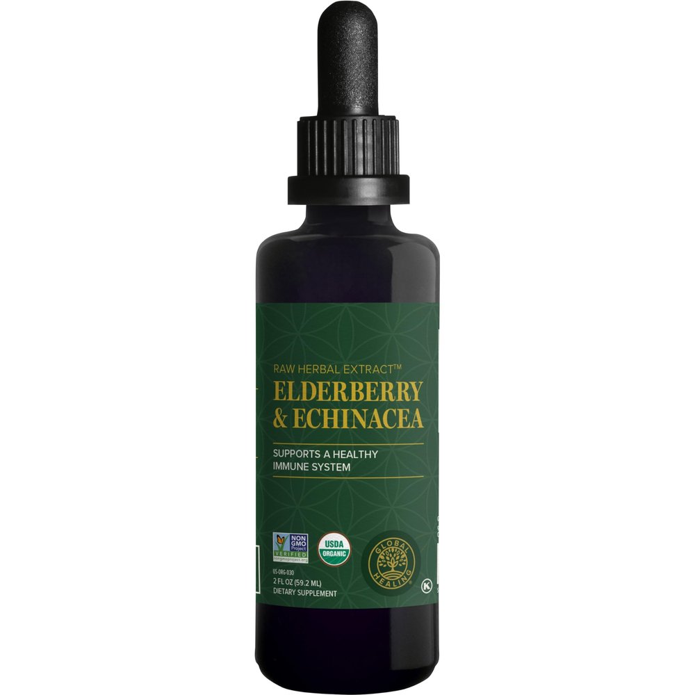 Global Healing USDA Organic Elderberry & Echinacea Liquid Supplement Tincture | Antioxidant Immune Support Against Harmful Organisms for Adults and Kids, Vegan, Non-GMO, 1-Month Supply (2 Oz)