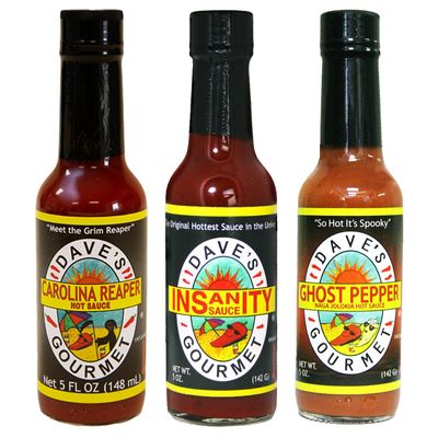 Dave's Gourmet Super Spicy Hot Sauce Variety 3 Pack - Includes Original Insanity, Ghost Pepper Naga Jolokia, and Carolina Reaper - Hot Sauce Set - Spicy Sauce for Burgers, Wings, Tacos - 5oz Bottles