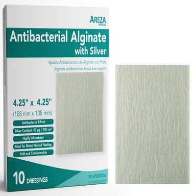 Areza Silver Calcium Alginate Antibacterial Wound Dressing Pads  Sterile, Non-Stick, Highly Absorbent; for Wound Drainage & Infection Risk (4.254.25, 10-Pack per Box), 1 Box