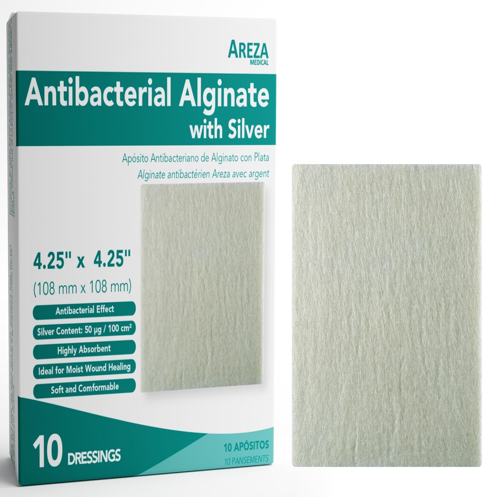 Areza Silver Calcium Alginate Antibacterial Wound Dressing Pads  Sterile, Non-Stick, Highly Absorbent; for Wound Drainage & Infection Risk (4.254.25, 10-Pack per Box), 1 Box