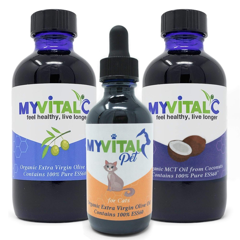MyVitalC Combo ESS60 Organic Extra Virgin Olive Oil, MCT Oil & MyVitalPet ESS60 Extra Virgin Olive Oil for Cats & Pets Salmon Flavored - Pack of 3
