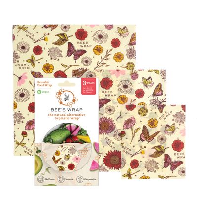 Bee's Wrap Vegan Beeswax Wraps for Food - 3 Pack of Assorted Beeswax Wraps - Small, Medium & Large Wrap - Made in USA Reusable Natural Food Wrap - Meadow Magic Print