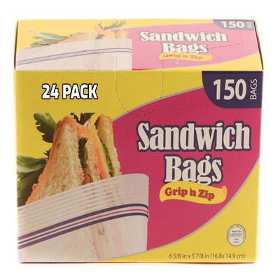 [24 Pack] Disposable Plastic Resealable Sandwich Bags - Food Storage Kosher Grip N Zip Bags - Great for Snacks, Food Prep, Travel, Meal Prep, School, Home, Office (150 Per Box)