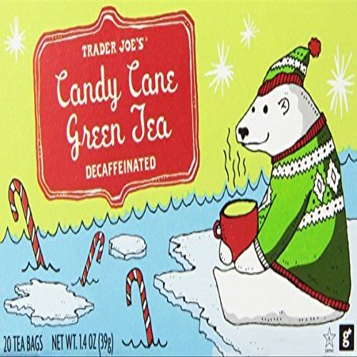 Trader Joes Candy Cane Green Tea Decaffeinated 20 Tea Bags, a Holiday Favorite with Peppermint,vanilla and Cinnamon Flavors-set of 4