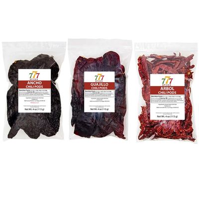 3 Pack Chile Ancho, Chile Guajillo Descolado and Chile de Arbol. Dried Chile Seco Peppers. 12 Oz Total of Authentic Mexican Flavours.