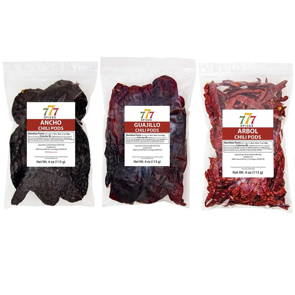 3 Pack Chile Ancho, Chile Guajillo Descolado and Chile de Arbol. Dried Chile Seco Peppers. 12 Oz Total of Authentic Mexican Flavours.