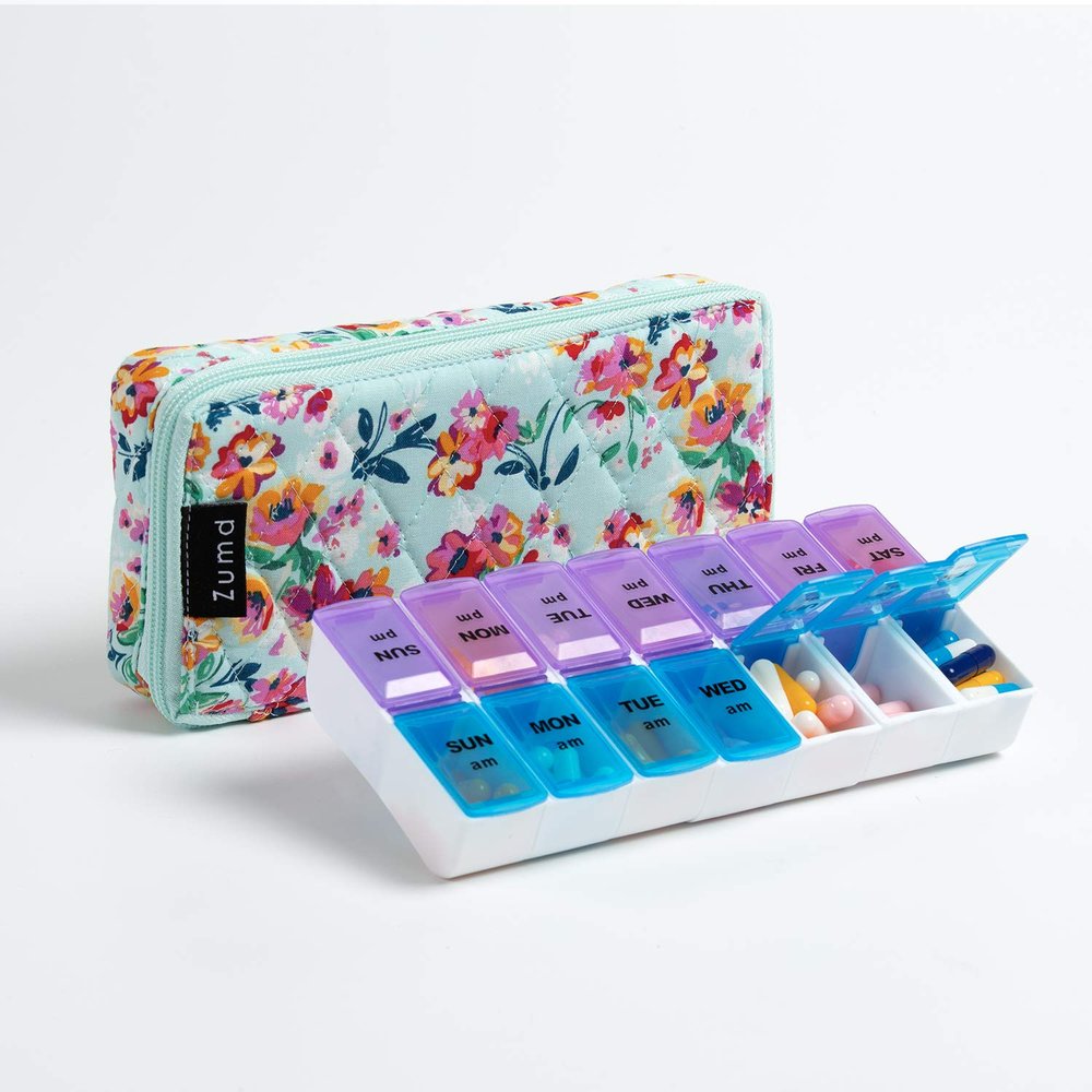 Weekly Pill Organizer 2 Times a Day, Zumd Pill Box 7 Day with Cute Quilted Fabric Zipper Case, Travel Pill Case Am Pm for Vitamin Medicine Organizer