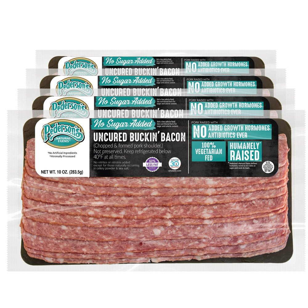 Pedersons Farms, Buckin' Pork Bacon, Whole30 (4 Pack, Use/Freeze) 10oz (Chopped & Formed)  Uncured, No Sugar, Keto Paleo Friendly, No Nitrite Nitrate, Made in the US. Cooking Instructions Provided