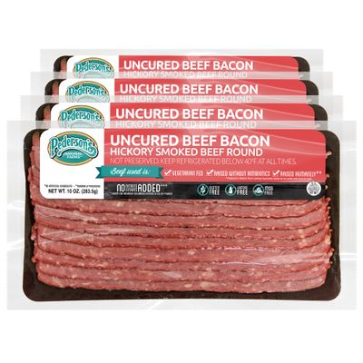 Pedersons Farms, Uncured Hickory Smoked Beef Bacon (4 Pack, Use/Freeze) 10oz ea  (Chopped & Formed), Gluten Free, No Nitrates or Nitrites, Made in the US. Cooking Instructions Provided