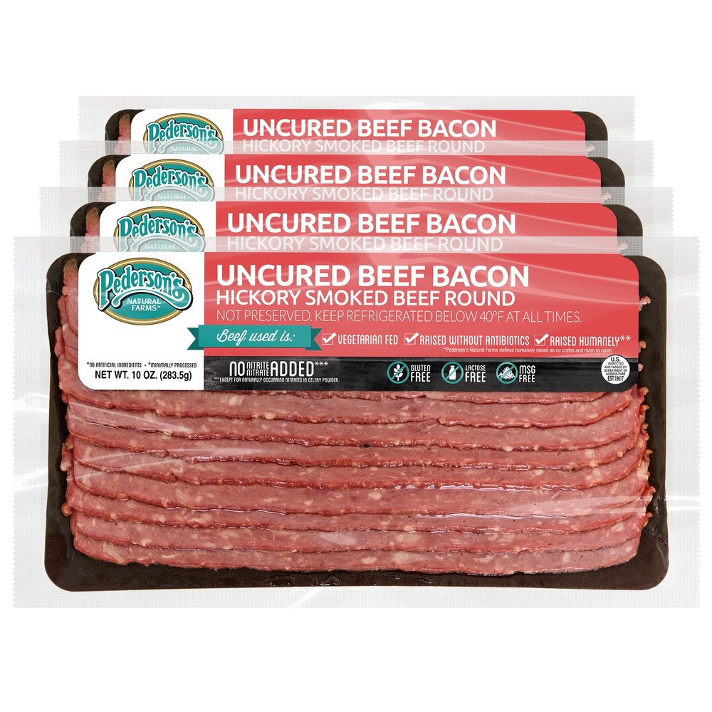 Pedersons Farms, Uncured Hickory Smoked Beef Bacon (4 Pack, Use/Freeze) 10oz ea  (Chopped & Formed), Gluten Free, No Nitrates or Nitrites, Made in the US. Cooking Instructions Provided