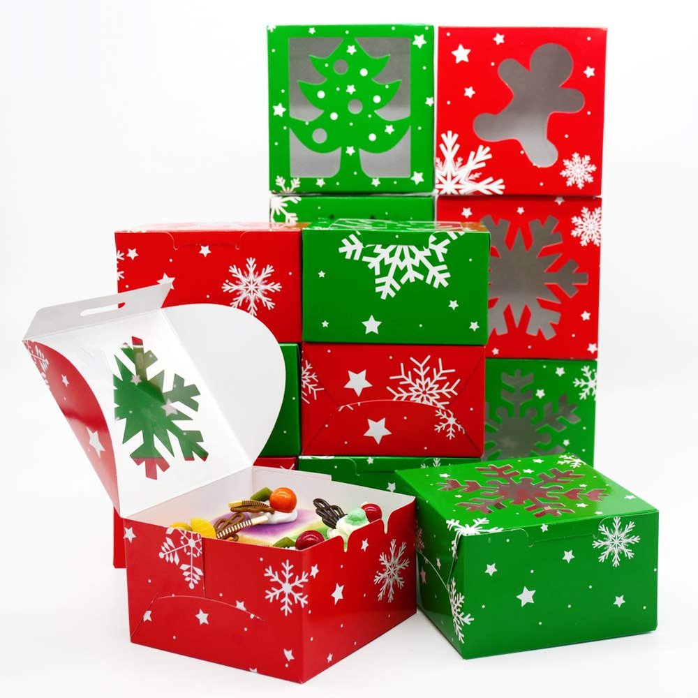 KALEFO 48 Pcs Christmas Cookie Boxes with Clear Window Bakery Gift Boxes for Holiday Cookies Cupcakes Treats Food Cardboard Pastry Container Xmas Party Favors Winter Supplies