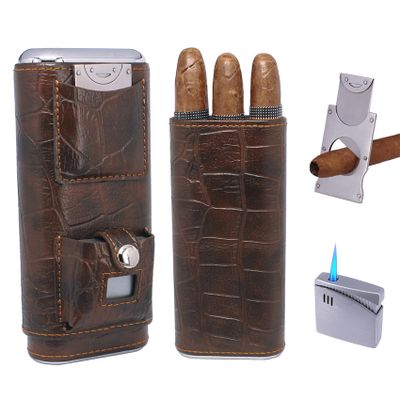 AMANCY Luxury 3 Holder Classy Black Brown Crocodile Pattern Leather Cigar Humidor Case Set with Lighter and Cutter - Great Cigar Gift Kit for men