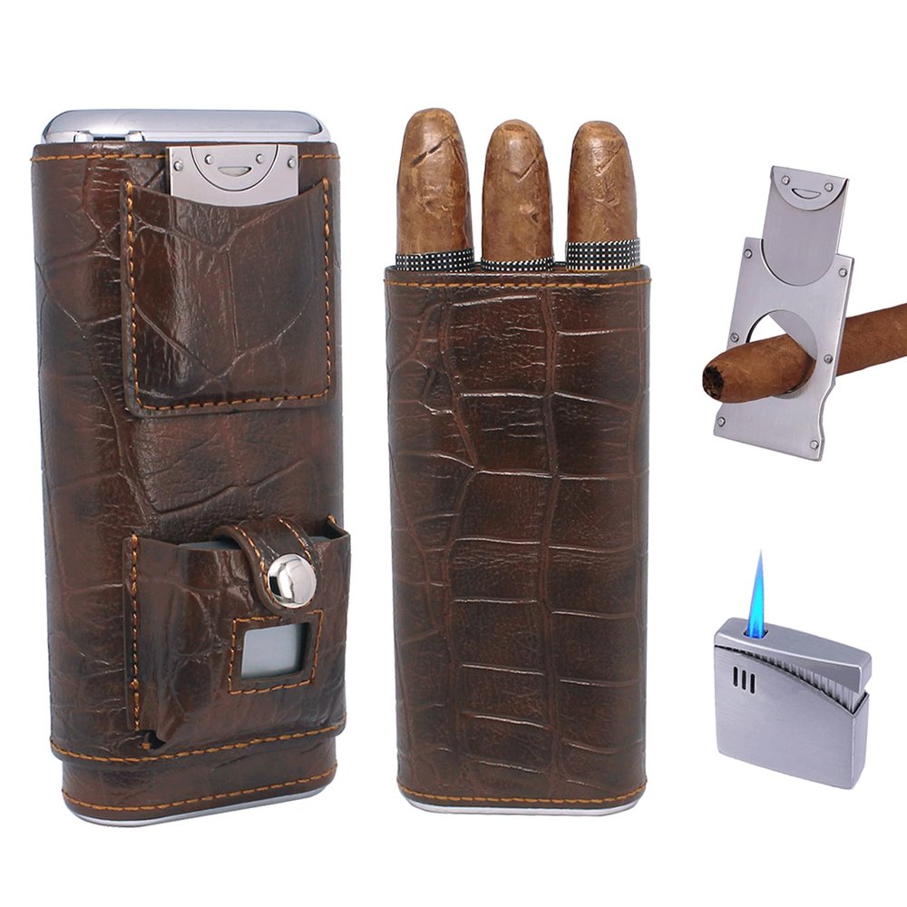 AMANCY Luxury 3 Holder Classy Black Brown Crocodile Pattern Leather Cigar Humidor Case Set with Lighter and Cutter - Great Cigar Gift Kit for men
