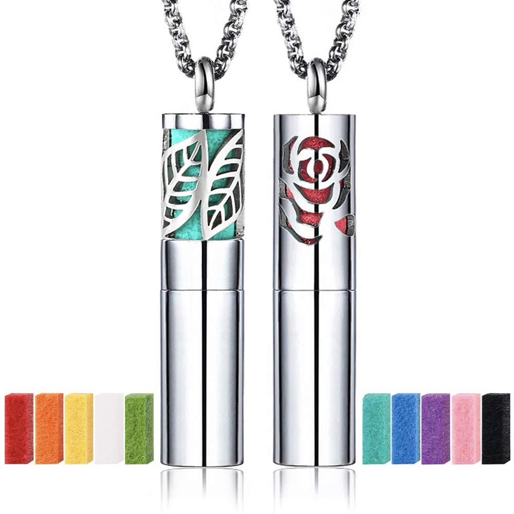 2PCS Essential Oil Diffuser Aromatherapy Rose & Leaf Pendant Necklace with 24 Inch Chain and 20 Felt Pads, Portable Perfume Locket Aromatherapy Jewelry Gift Set