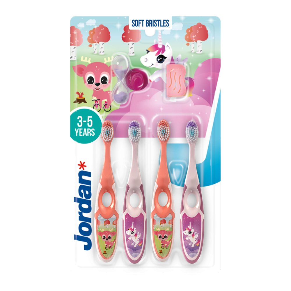Jordan* | Step 2 Kids Toothbrush | 3-5 Years, Soft Bristles, BPA Free,4 Pack | Pink