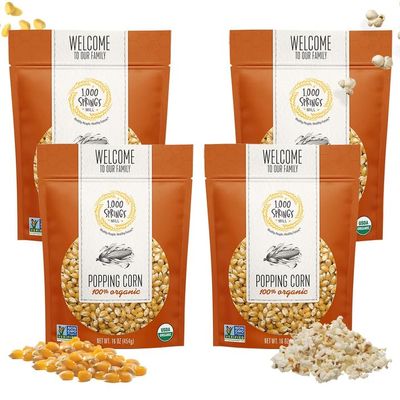 1000 Springs Mill Organic Dry Popcorn Kernels - Non-GMO, Healthy Snack for Microwave or Stovetop - Bulk Organic Popcorn Kernels with Resealable Bag - Enjoy Fresh & Crisp Popcorn - 16oz (Pack of 4)