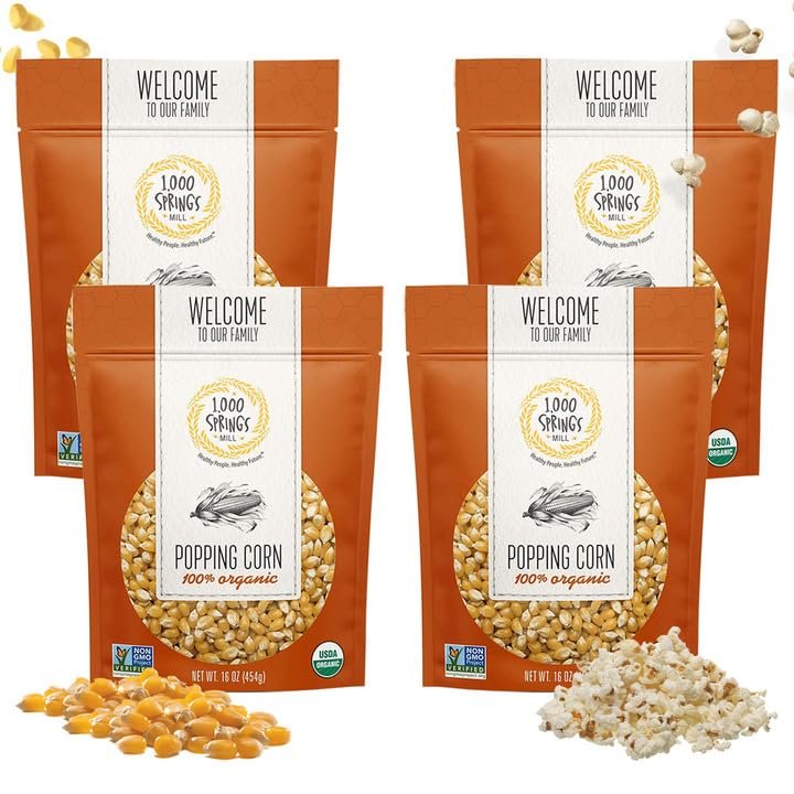 1000 Springs Mill Organic Dry Popcorn Kernels - Non-GMO, Healthy Snack for Microwave or Stovetop - Bulk Organic Popcorn Kernels with Resealable Bag - Enjoy Fresh & Crisp Popcorn - 16oz (Pack of 4)