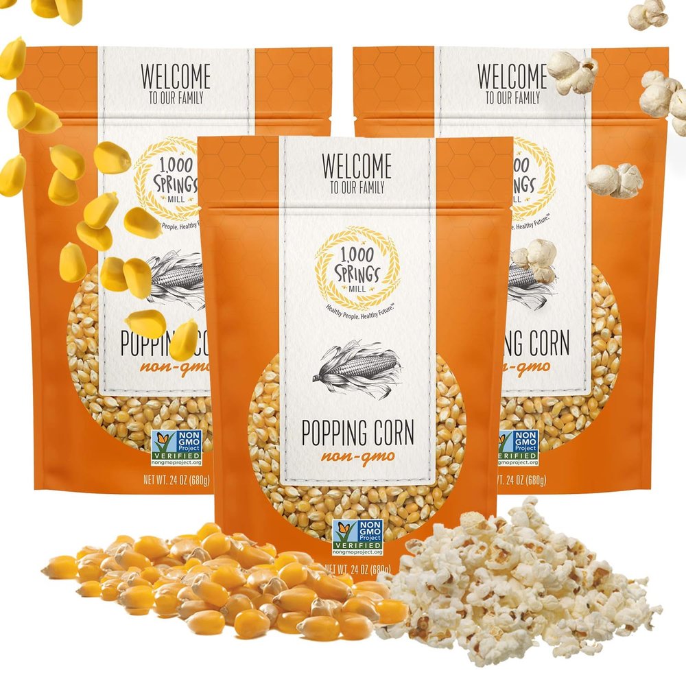 1000 Springs Mill Dry Popcorn Kernels - Non-GMO, Healthy Snack for Microwave or Stovetop - Bulk Organic Popcorn Kernels with Resealable Bag - Enjoy Fresh, Crisp, & Delicious Popcorn - 24oz (Pack of 3)