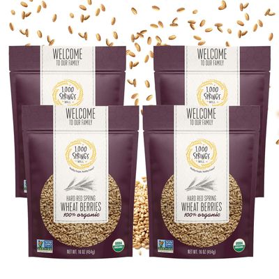 1000 SPRINGS MILL - Organic Hard Red Spring Wheat Berries - Used for Organic Flours, Cereals, Salads, and Whole Wheat Breads - Organic Sprouting Seeds - Bulk Dried Grain - Resealable Bag - 16oz (Pack of 4)