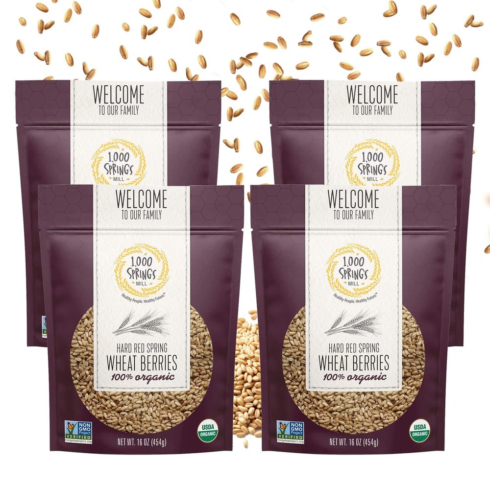 1000 SPRINGS MILL - Organic Hard Red Spring Wheat Berries - Used for Organic Flours, Cereals, Salads, and Whole Wheat Breads - Organic Sprouting Seeds - Bulk Dried Grain - Resealable Bag - 16oz (Pack of 4)