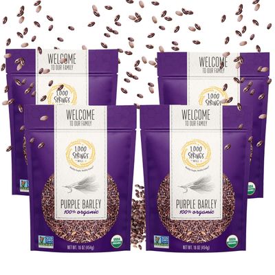 1000 Springs Mill - Organic Purple Barley | Used for Cereals, Salads, Whole Wheat Bread, Fresh Barley Flour, Sprouting Seeds, and more | Bulk Dried Grain | Resealable Bag | 16oz (Pack of 4)