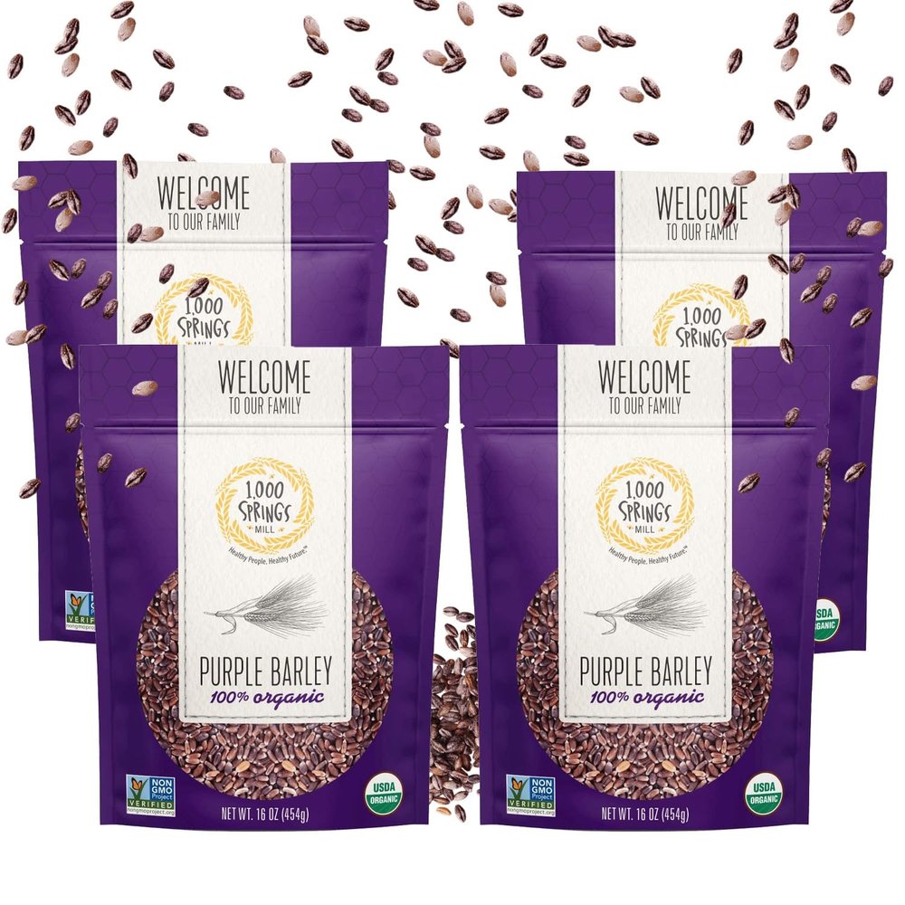 1000 Springs Mill - Organic Purple Barley | Used for Cereals, Salads, Whole Wheat Bread, Fresh Barley Flour, Sprouting Seeds, and more | Bulk Dried Grain | Resealable Bag | 16oz (Pack of 4)