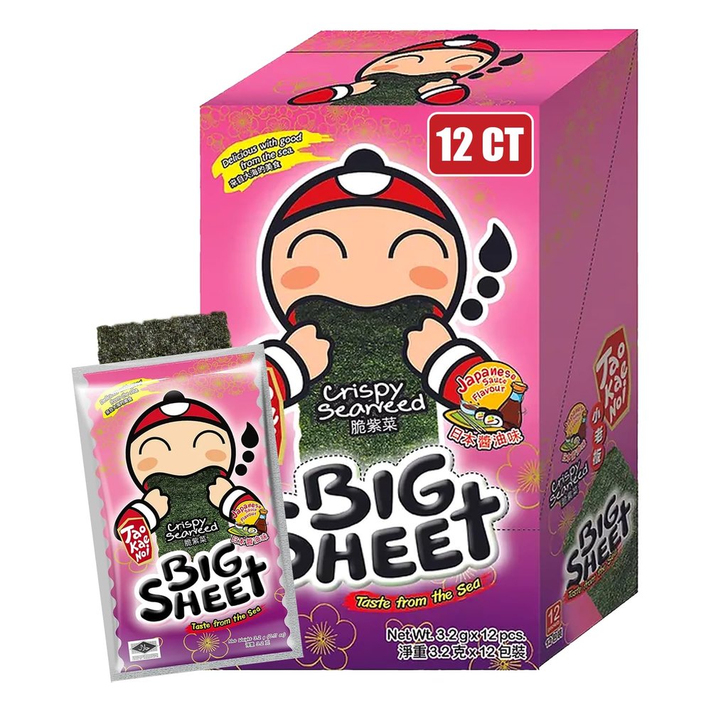 Big Crispy Seaweed Snack Sheets by Tao Kae Noi | Japanese Sauce Flavor Thai Seaweed Chip | Healthy Nori Snacks for Kids and Adults | Low Calorie Seaweed Sheets | 12 Individually Wrapped Sheets per Box, 3.2g each