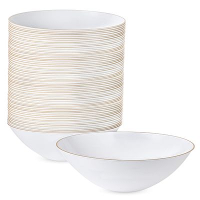 [16 OZ 40 Count] White Plastic Floral Design Party Soup bowls With Gold Rim Premium heavyweight Elegant Disposable Tableware Dishes
