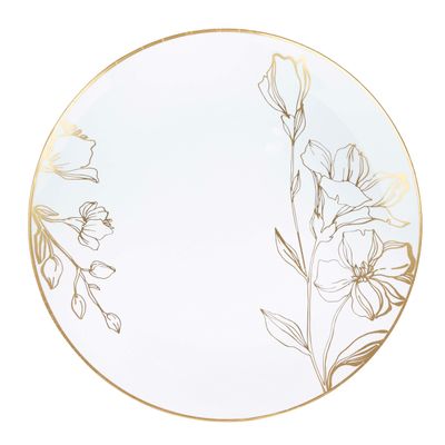 [10'' Plates 40 Count] White Plastic Floral Design Party Dinner Plates With Gold Rim Premium heavyweight Elegant Disposable Tableware Dishes