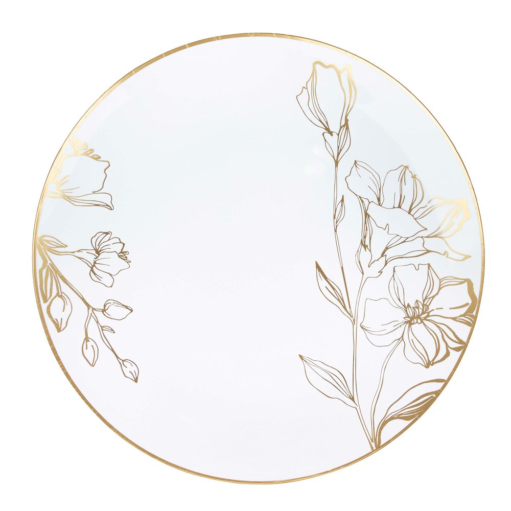 [10'' Plates 40 Count] White Plastic Floral Design Party Dinner Plates With Gold Rim Premium heavyweight Elegant Disposable Tableware Dishes